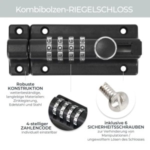 Schwarzes HMF Kombibolzen-Riegelschloss mit 4-stelligem Zahlencode aus Zinklegierung für Türen.