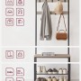 Songmics Garderobenständer Dacey mit Schuhbank, Haken, Greige und Schwarz. Jacke, Tasche und Schuhe sind abgebildet.