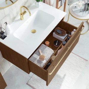 Randal Badmöbel Loa 80 cm Nussbaum mit offenem Schubfach und goldfarbenem Griff.