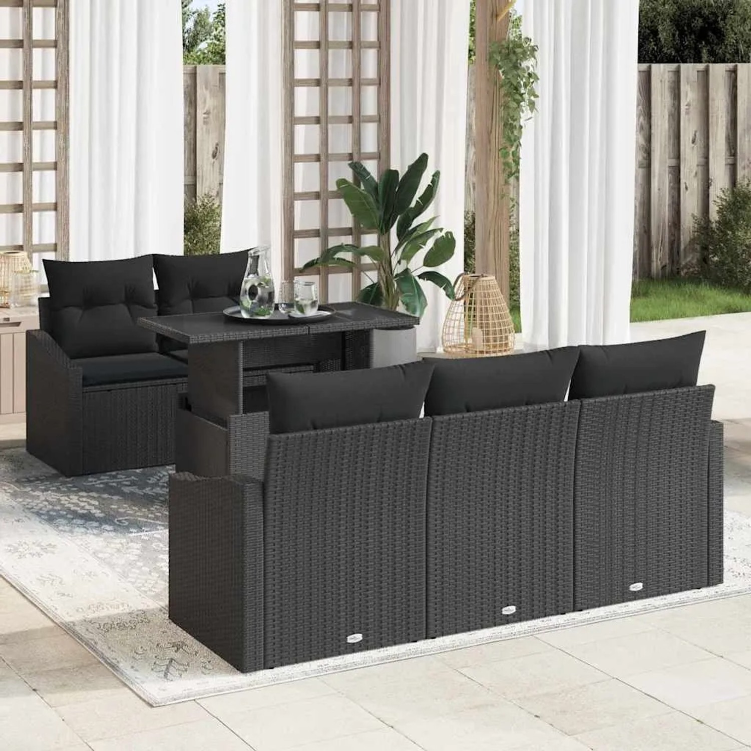 vidaXL Garten-Sofa-Set, 6-teilig, schwarz, Poly Rattan. Gartenmöbel mit Tisch und Auflagen.