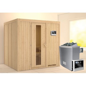 Karibu Sauna-Set Stina mit Ofen und Steuerung. Elementsauna aus Fichte mit Glastür und Ofen.