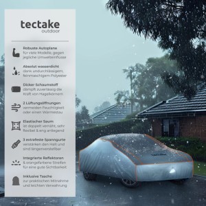 Graue Tectake Autoplane XL, wasserdicht und atmungsaktiv, mit Reflektoren und Spanngurten.