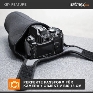 Walimex Pro Neopren Kamera Schutzhülle M, schwarz, umschließt DSLR mit Objektiv. Ideale Kameratasche für sichere Aufbewahrung.