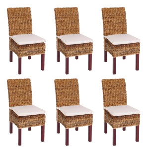 6er-Set Esszimmerstühle Loiret hell mit Kissen, Bananenblatt-Geflecht und Mahagoni-Beinen.