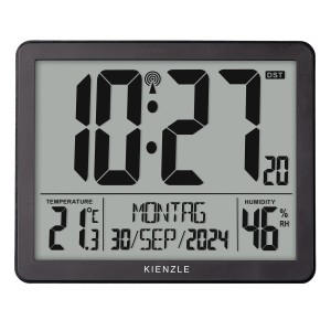 Schwarzer Kienzle Digital XXL Funkwecker mit Anzeige von Uhrzeit, Datum, Temperatur und Luftfeuchtigkeit.