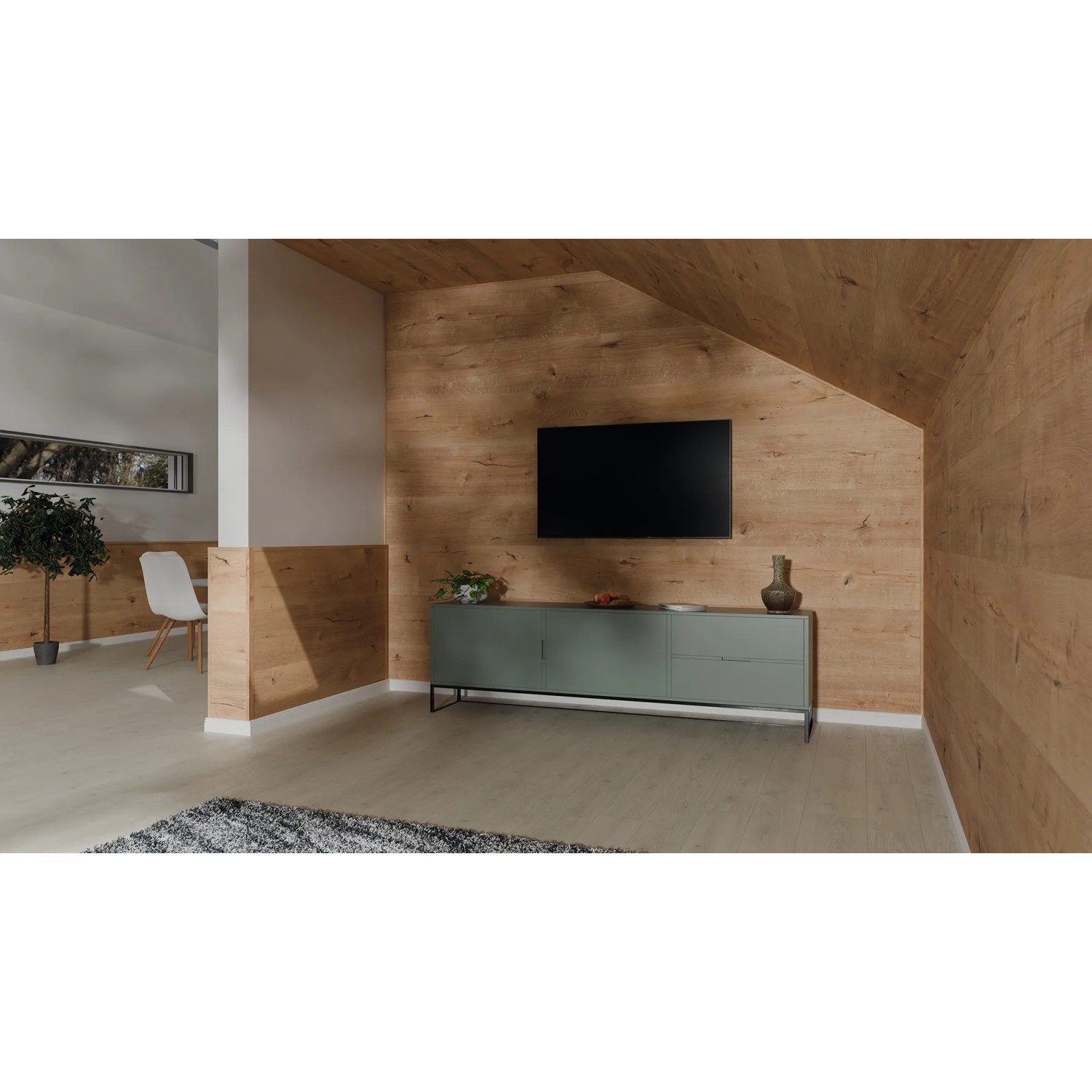 Wohnraum mit Egger Decowall DO008 Loveland Eiche Wandverkleidung als Blickfang.