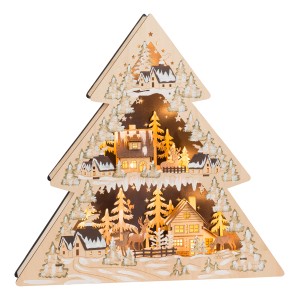 Holz LED-Lichterspitze Winterdorf, 44,5cm, mit beleuchteten Häusern und Tannenbäumen.