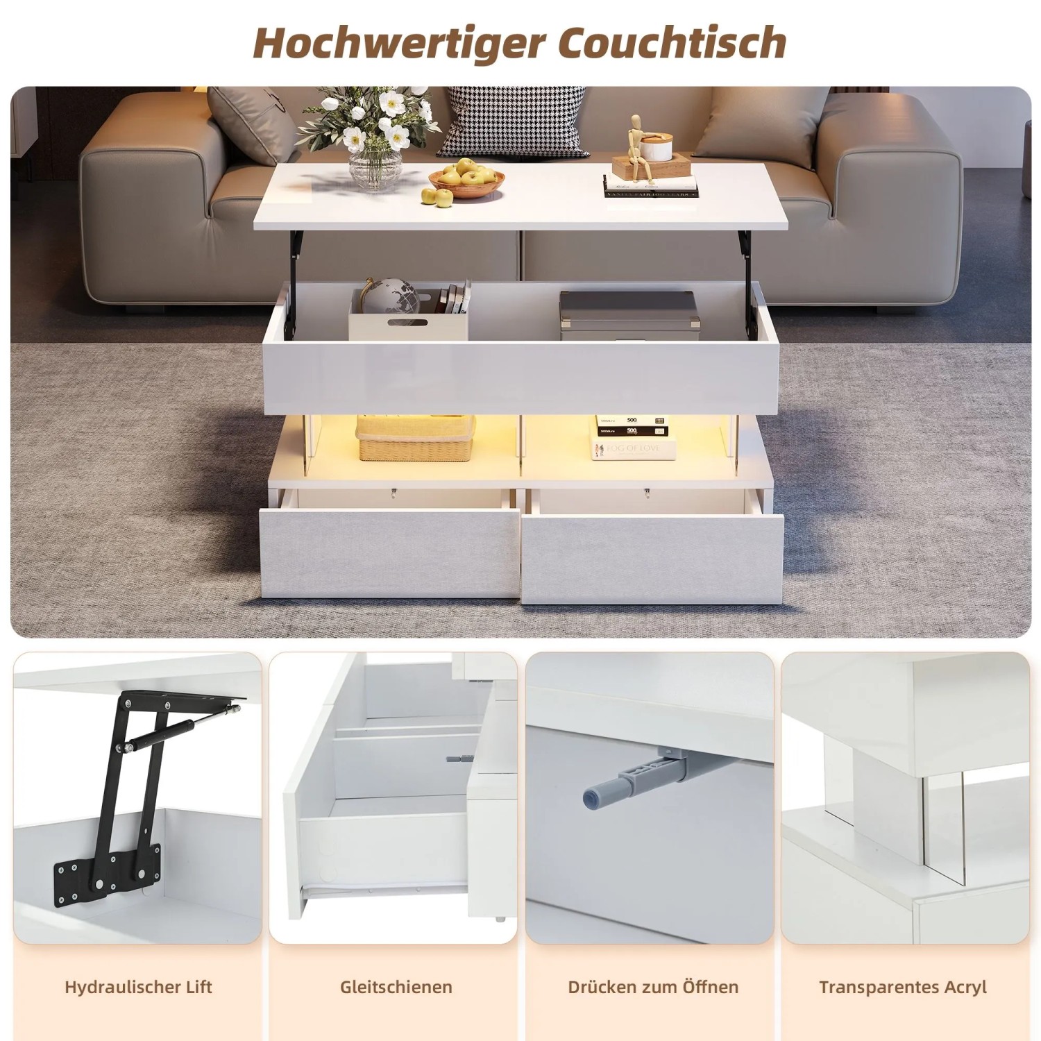 Merax Couchtisch Höhenverstellbar mit LED 2 Schubladen Stauraum Hochglanz Weiß_6