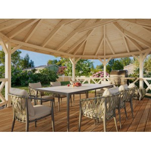 Palmako Holz-Pavillon Betty, naturbelassen, mit Tisch und Stühlen auf Holzterrasse.