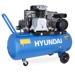 Blauer HYUNDAI Riemenkompressor BAC3100E mit 100 Liter Tank, Motor, Pumpe, Rädern und Griff für Werkstatt.