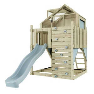 OutdoorToys Stelzenhaus Meteorit Eisblau mit Rutsche und Kletterwand aus Holz.
