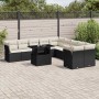 Schwarze 11-tlg. vidaXL Garten-Sofagarnitur aus Poly Rattan mit cremeweißen Kissen.