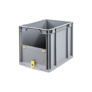 Graue PROREGAL Eurobox NextGen mit Entnahmeöffnung und gelben Details, 30 Liter Volumen.