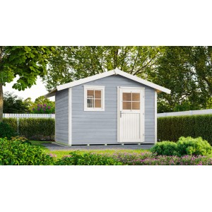 Graues Gartenhaus 123 mit Satteldach, Holztür und Fenster im Garten.