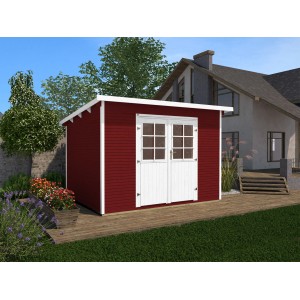 Schwedenrotes weka Gartenhaus 219 mit Flachdach und weißer Doppeltür. Holz-Gartenhaus mit wekaLine Profil.