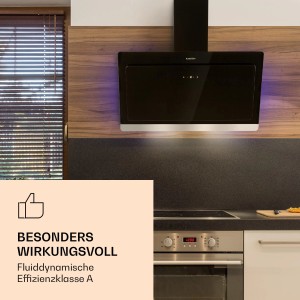 Schwarze Klarstein Aurora Eco 90 Dunstabzugshaube mit Ambientelicht in moderner Küche.