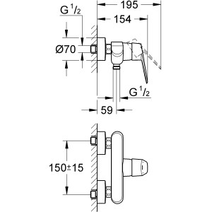 Technische Zeichnung: Grohe Eurodisc C Einhand-Brausebatterie DN 15 mit Maßen.