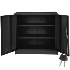 Schwarzer Tectake Aktenschrank aus Stahl mit 2 Flügeltüren, offen mit 3 Fächern und Schlüssel.