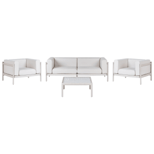 Beliani Sitzgruppe FERRETTI, hellbeige Gartenmöbel: Sofa, Sessel und Tisch.