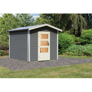 Karibu Saunahaus Espen 1 in Terragrau mit Vorraum und Holztür im Garten.