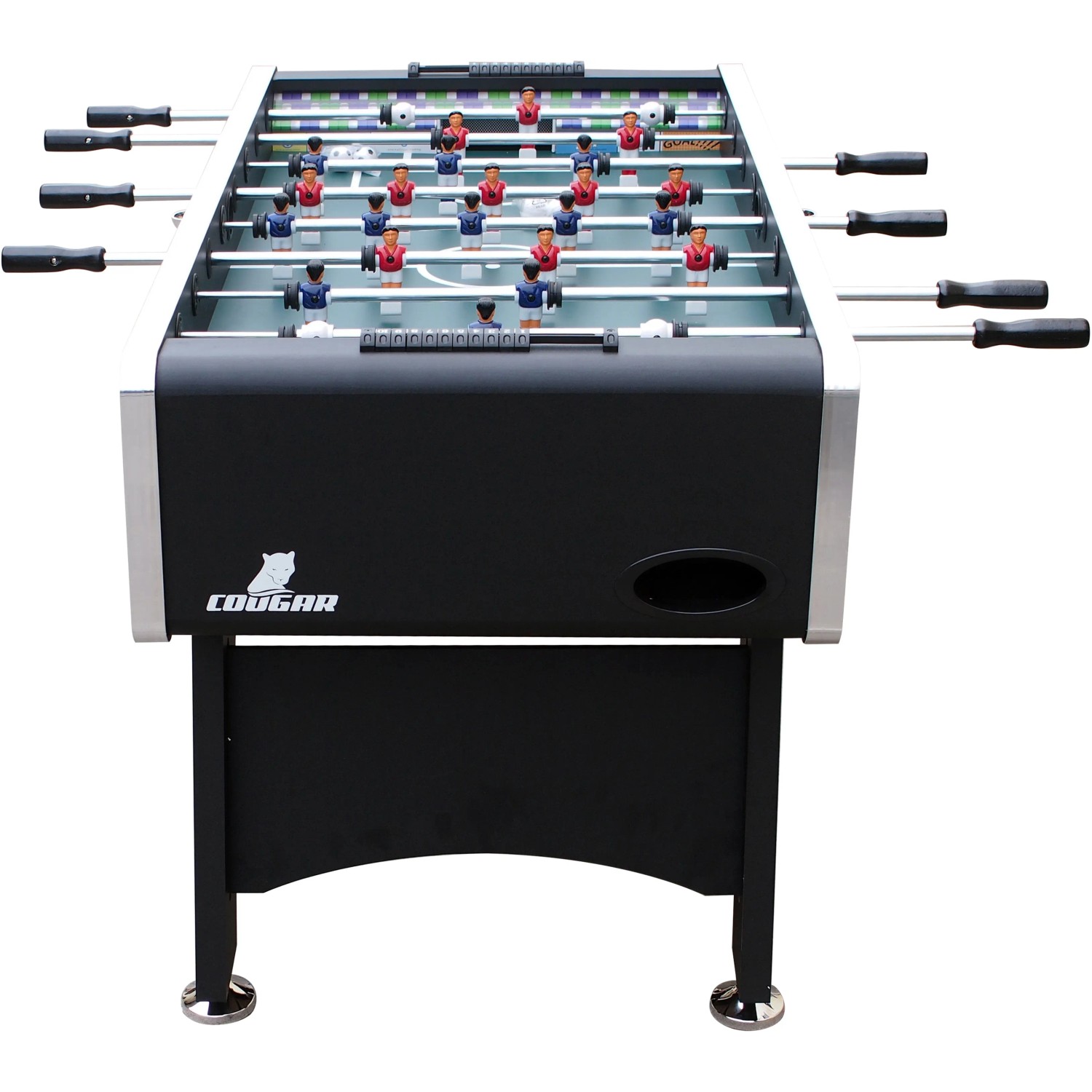 Cougar Arena TS Fußballtisch mit Spielfiguren in Rot und Blau auf grünem Feld.