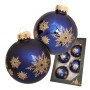 Blaue Glas-Weihnachtskugeln mit goldenen Glitzer-Schneeflocken, 7cm. Festlicher Christbaumschmuck von Krebs Glas Lauscha.