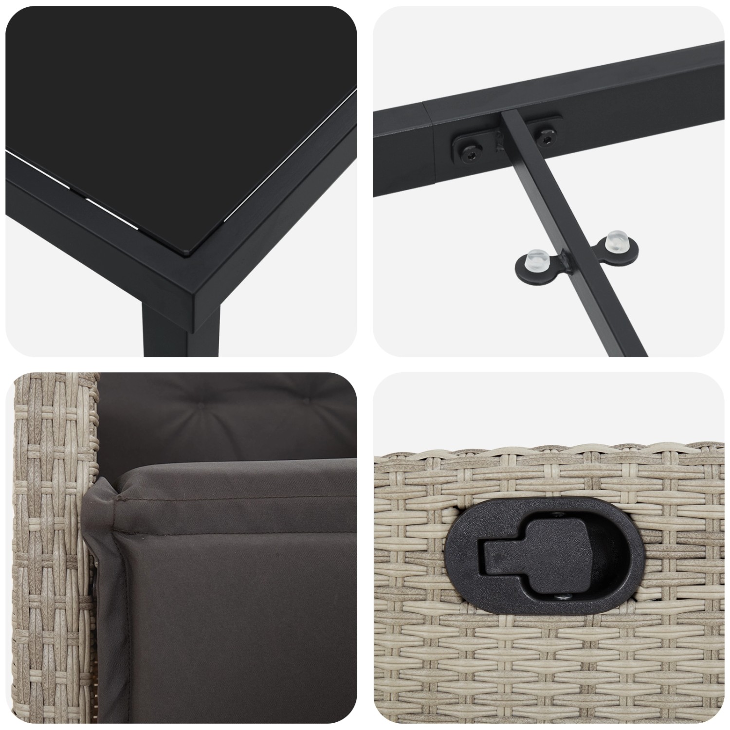 Detailansichten der vidaXL Garten Essgruppe, hellgraues Poly Rattan, Tischplatte, Stuhlarmlehne und Verstellmechanismus.