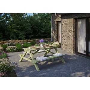 Rechteckiger, grün kdi Picknicktisch Ella aus Holz, 180x75x170 cm, mit Sitzbänken und Kissen.