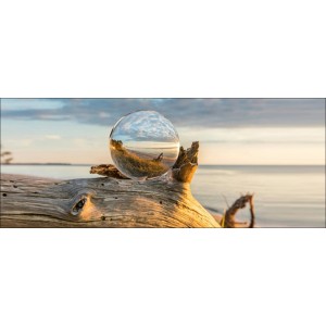 Pro-Art Glasbild „Drop on Water“: Landschaft mit Glaskugel auf Treibholz am Strand.