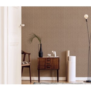 Beige Erismann Vliestapete Code Nature in Rattan-Optik an Wohnzimmerwand.