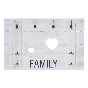 Weiße Wandgarderobe im Shabby-Look mit Haken und Herz-Ausschnitten, Schriftzug FAMILY.