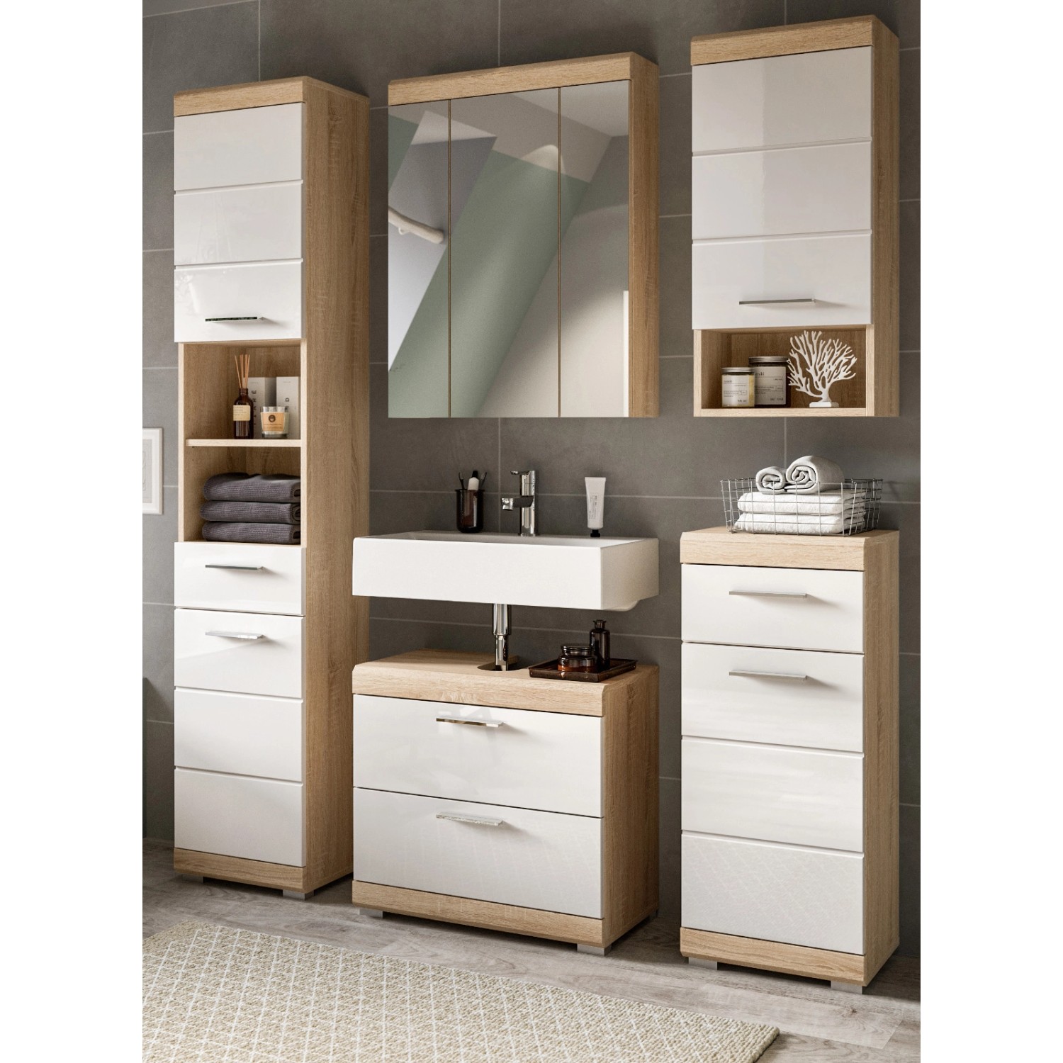 Inn.Furn Badmöbel Set in Weiß Hochglanz und Eiche 5-teilig 164 cm Mambo günstig online kaufen