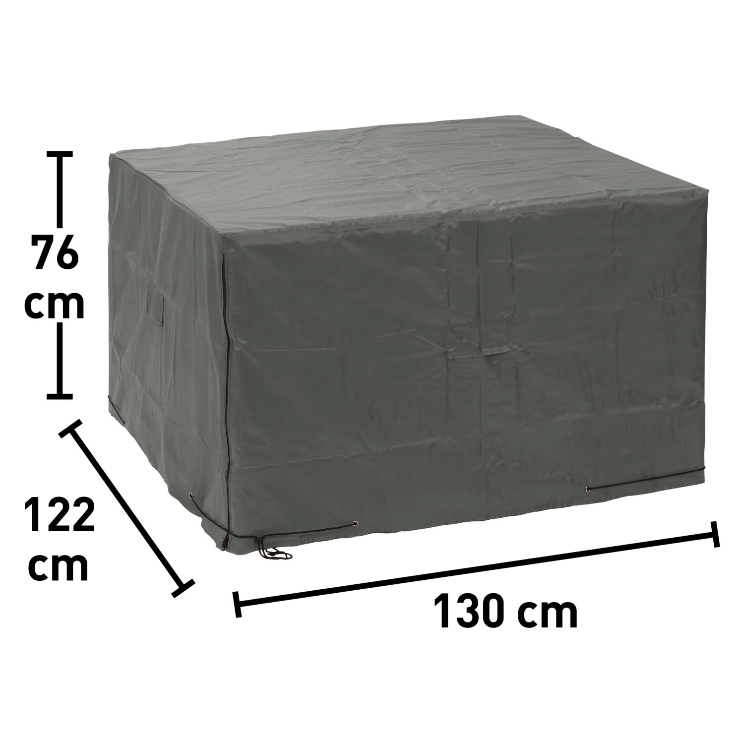 Graue Schutzhülle für Loungemöbel, 130x122x76 cm, mit Reißverschlüssen und Kordelzug.