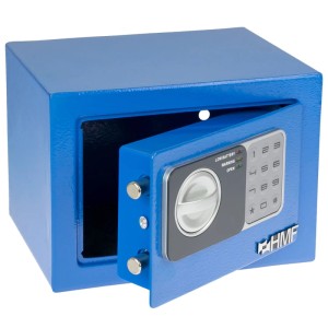 Blauer HMF Möbeltresor mit Elektronikschloss, Tür leicht geöffnet. Kompakter Stahlsafe für Wertsachen.