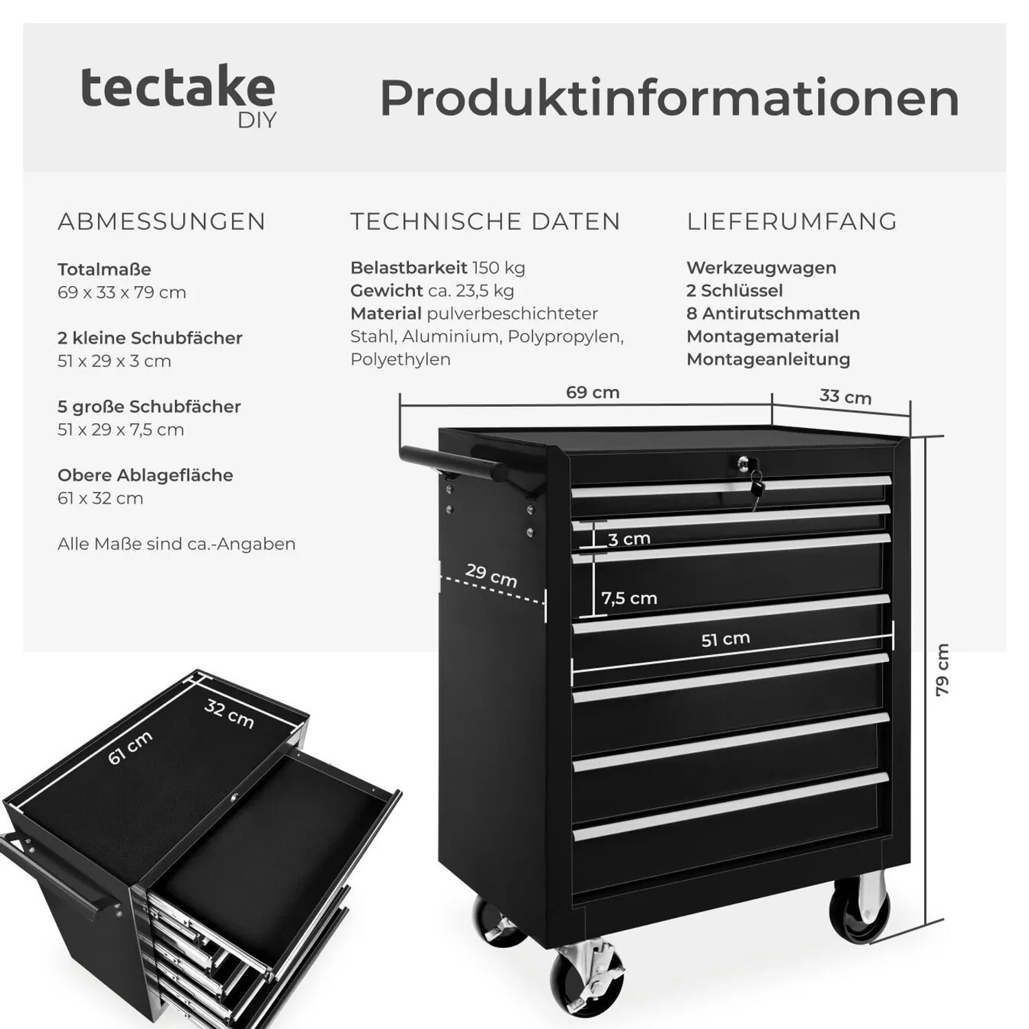 Schwarzer Tectake Werkzeugwagen mit 7 Schubladen, Antirutschmatten und Rollen.