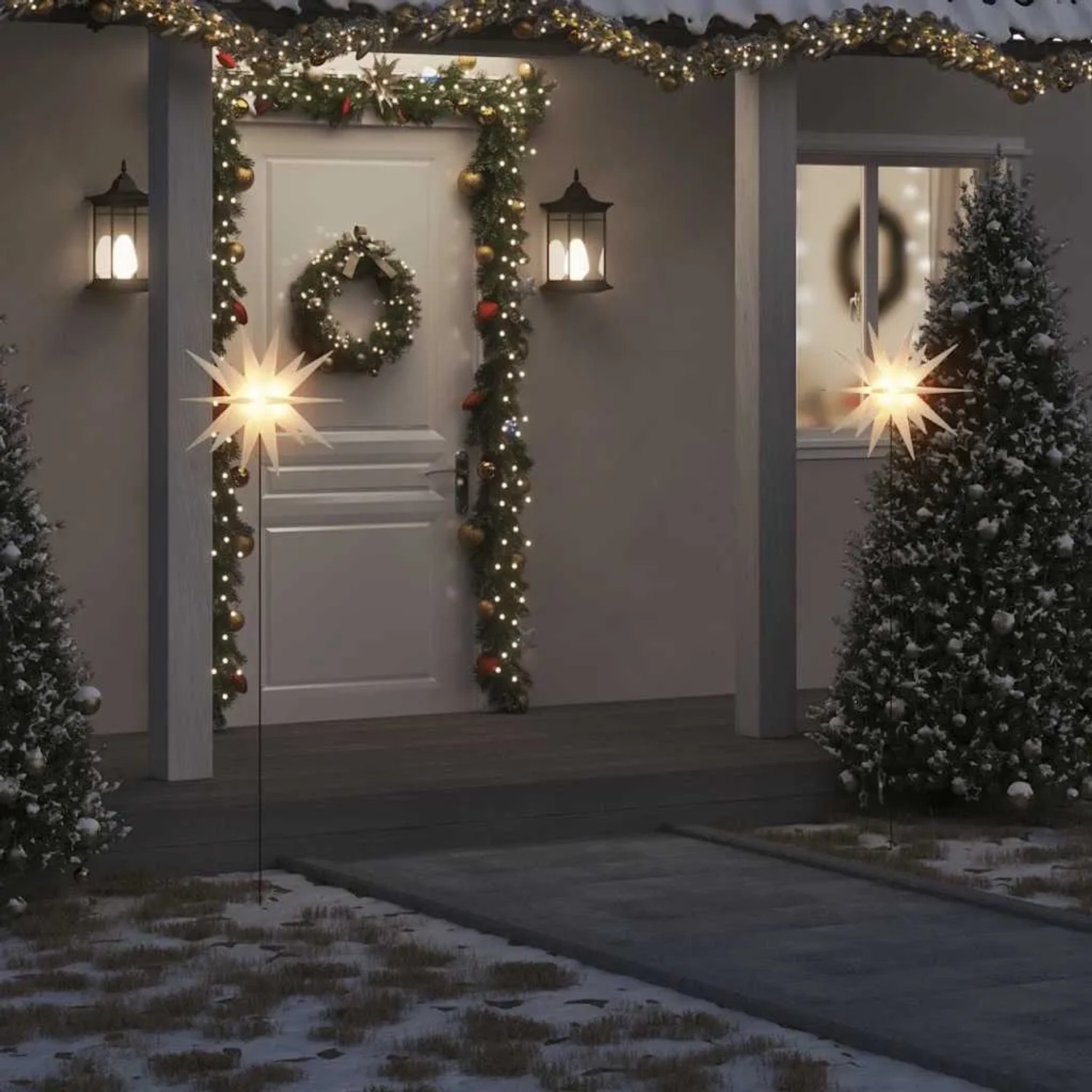 Weißer, faltbarer LED-Weihnachtsstern (57 cm) mit Erdspieß als Weihnachtsdekoration.