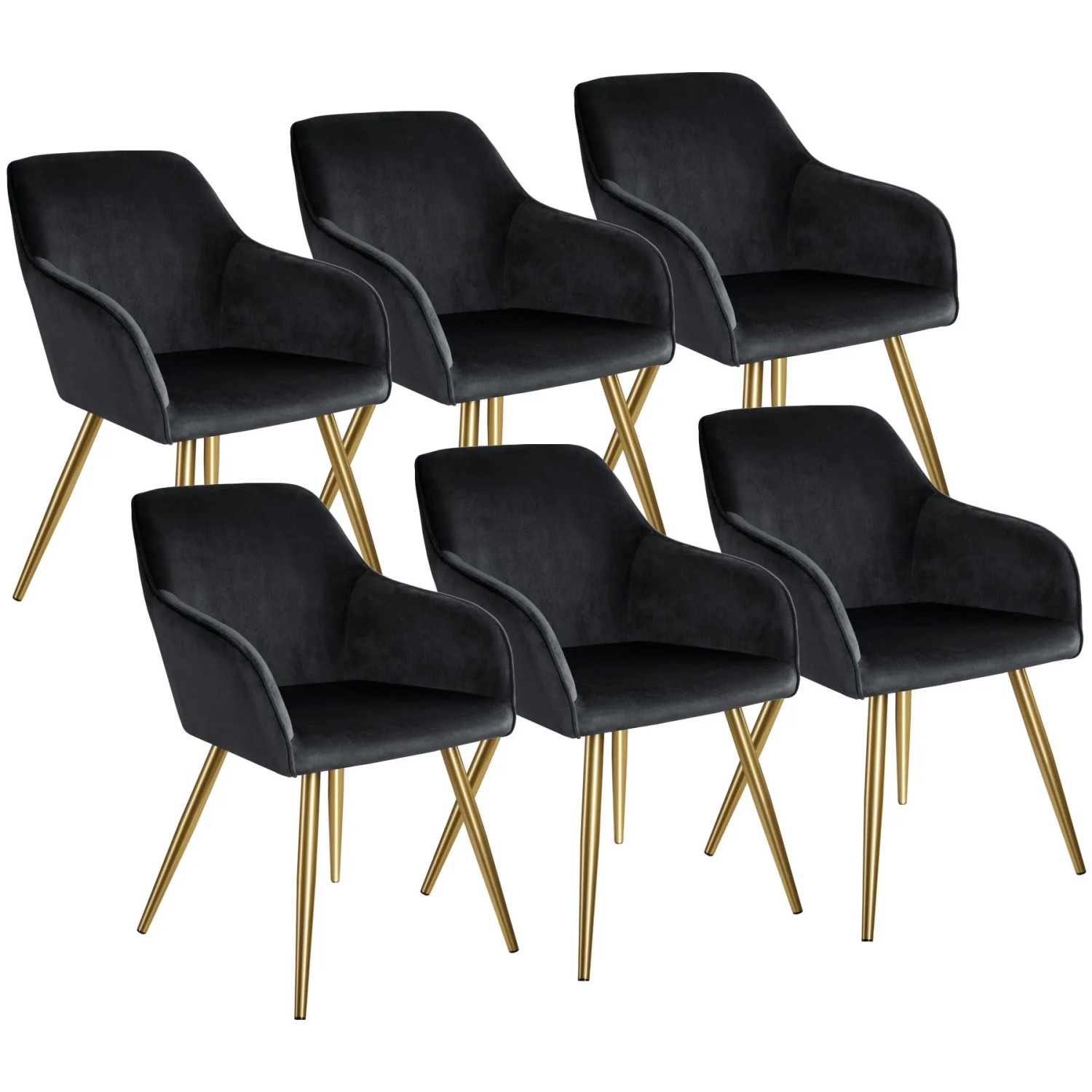 Tectake Esszimmerstuhl Marilyn Gepolstert  In Samtoptik Durchgehende Lehne 6Er Set 62 x 58 x 82 cm Schwarz Gold