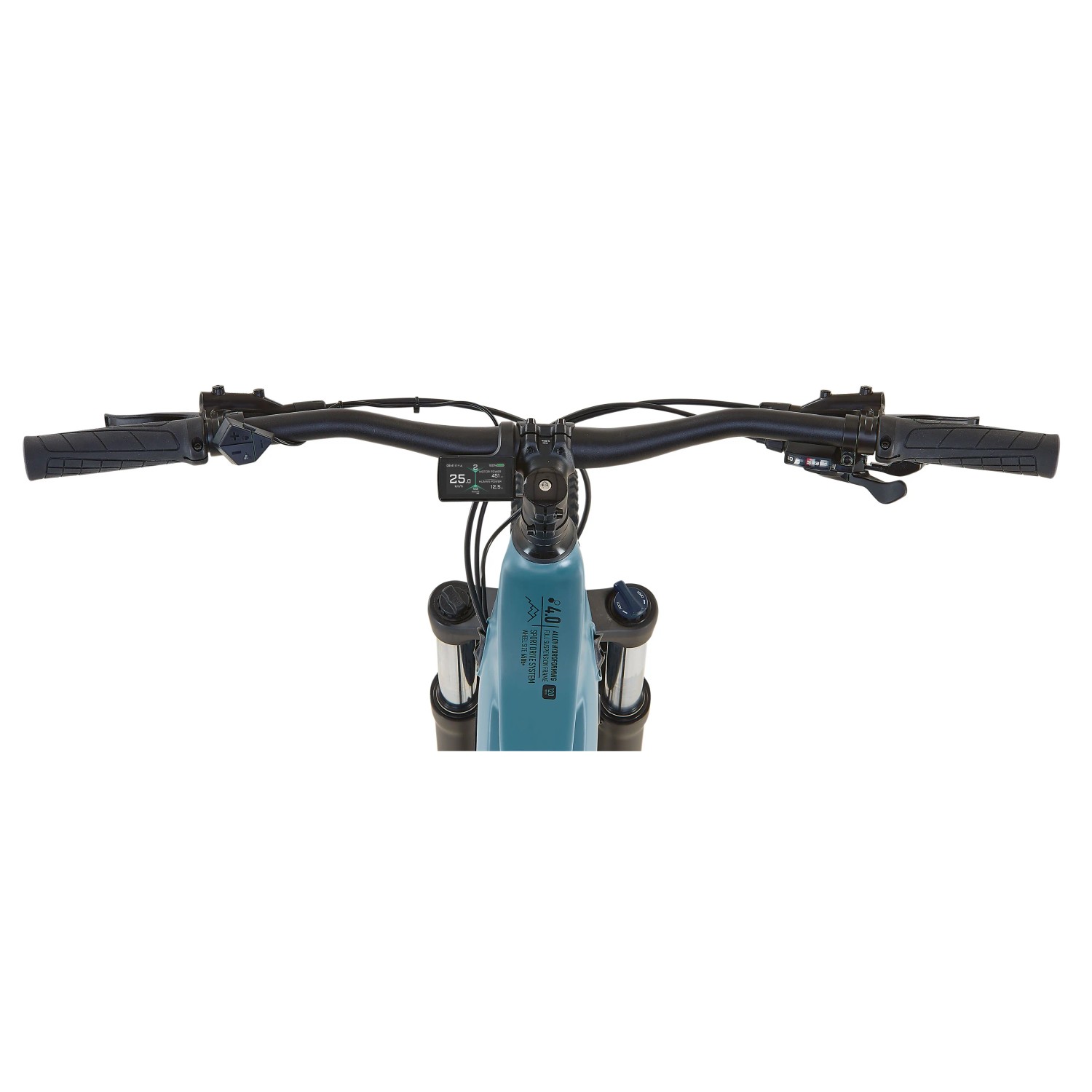 Prophete E-Bike MTB Dice 4.0: Lenker, Display und Federgabel in Grau-Schwarz.