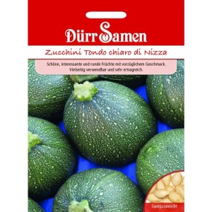 Dürr Samen Zucchini Tondo Chiaro Di Nizza Saatgut. Packung mit runden, hellgrünen Fruchtgemüse-Zucchini und Samen.