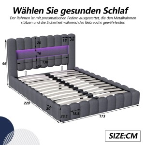 Graues Polsterbett 160x200cm mit Stauraum, USB-Anschluss und LED-Beleuchtung.