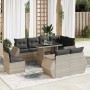 Hellgraue 9-tlg. vidaXL Garten-Sofagarnitur aus Poly Rattan mit Tisch und grauen Kissen.