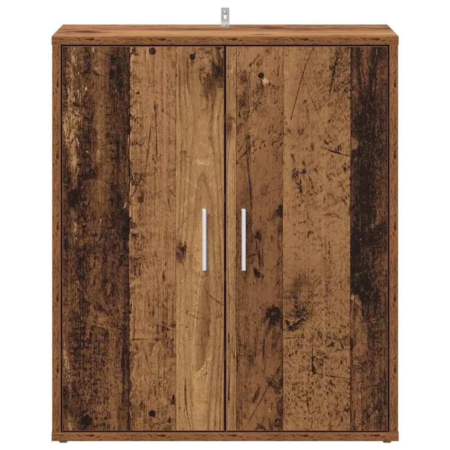 Schuhschrank in Altholz-Optik aus Holzwerkstoff, 60x35x70 cm, mit zwei Türen und silbernen Griffen.
