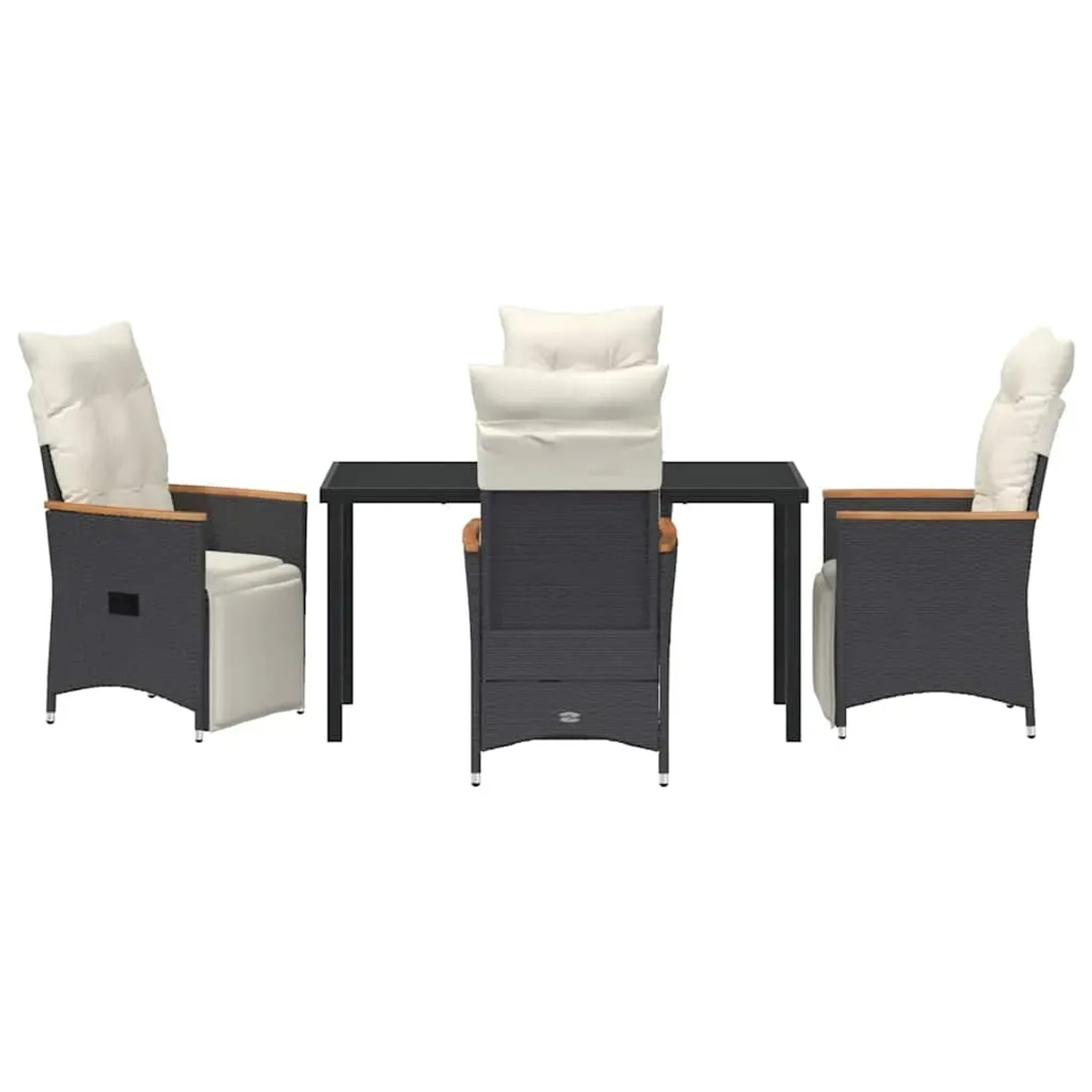 Schwarze 5-tlg. Garten Essgruppe aus Poly Rattan mit Tisch und Stühlen mit Kissen.