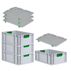 PROREGAL Spar Set: 4 graue Euroboxen mit grünen Griffen und Auflagedeckel, gestapelt.