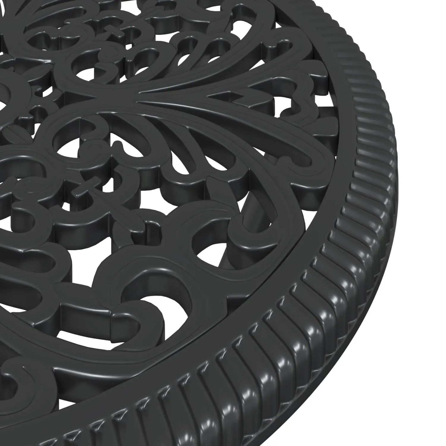 Detailansicht: Schwarzer Tisch des 3-tlg. vidaXL Garten Bistro Sets aus Aluminium mit filigranem Muster.
