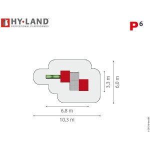 Draufsicht Hy-Land Spielgerät P6 mit Rutsche: Maße 10,3 x 6 m, Plattformen, Sandkästen. Premium Douglasie.
