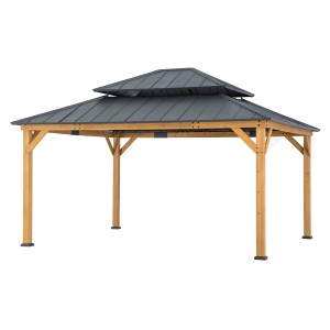 Sunjoy Gazebo Trivor aus Zedernholz, 390x450 cm, anthrazitfarbenes Stahldach, FSC®-zertifiziert.