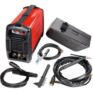 Rothenberger Inverter-Schweißgerät 130A mit Zubehör wie Schweißschirm und Elektroden.