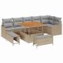 Beiges 9-tlg. vidaXL Garten-Sofa-Set aus Poly Rattan mit höhenverstellbarem Tisch und grauen Auflagen.