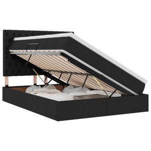 Schwarzes vidaXL Bett 140x190 cm mit LED-Lichtleisten und Stoffbezug, geöffneter Bettkasten sichtbar.